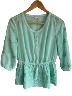 Le Chateau Sheer Peplum Blouse Sz S Light Blue Turquoise Floral Lace Hem Fairy